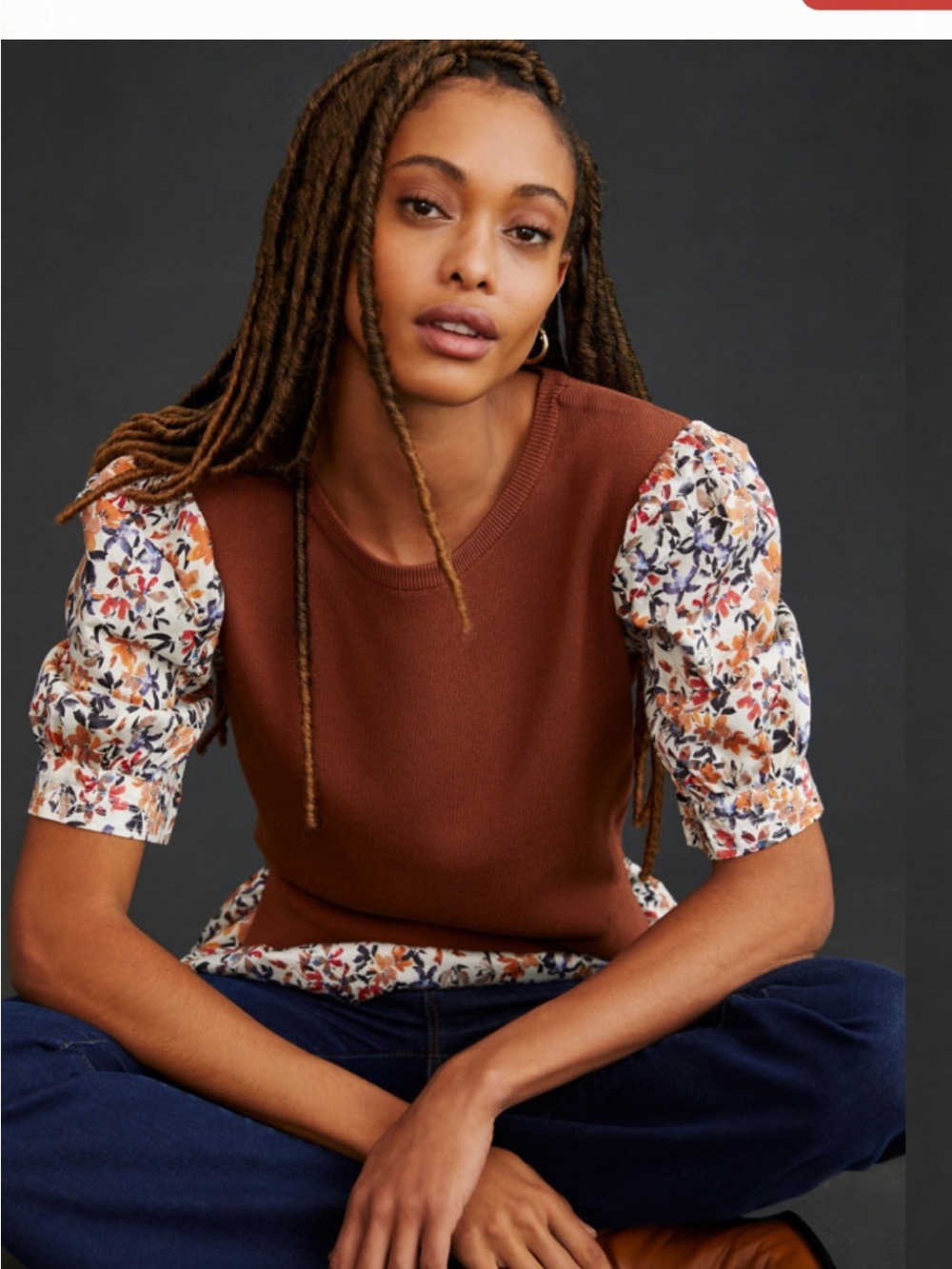 Anthropologie Rust Brown Knit Top with Floral Puff Sleeves